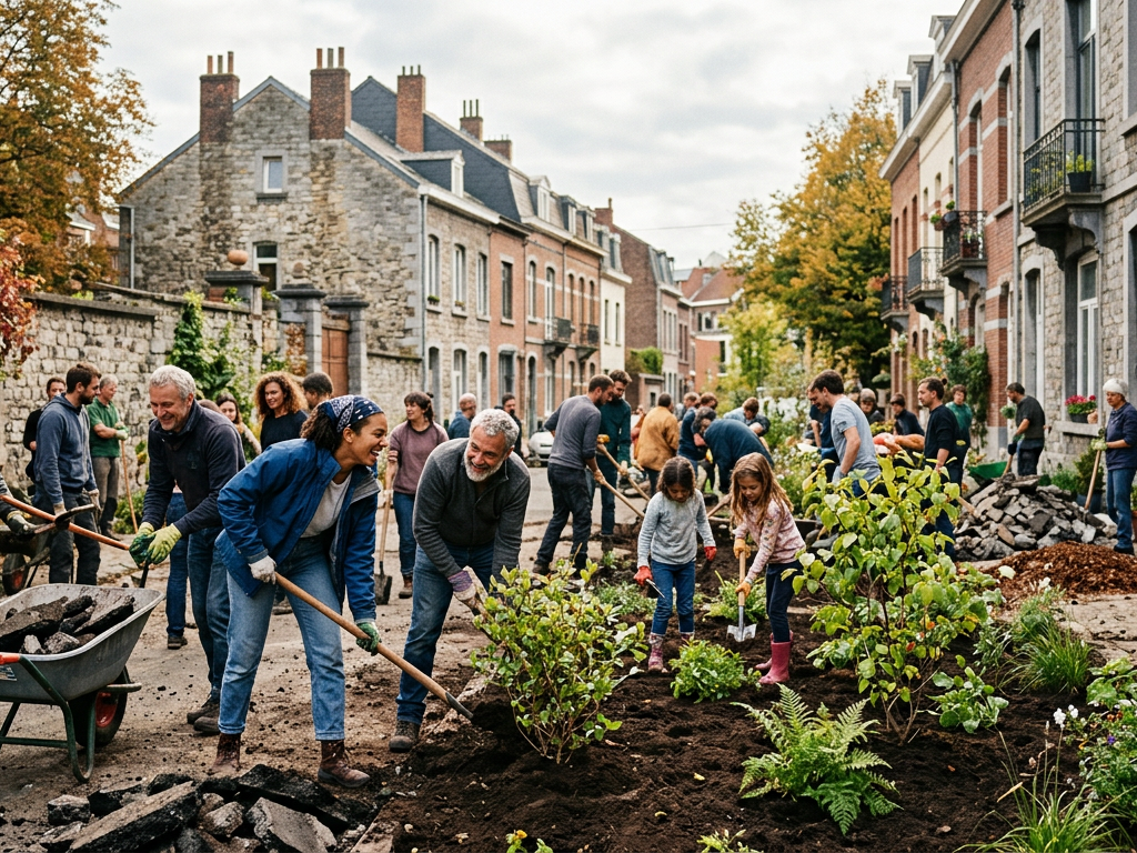 Habitants déminéralisant le sol pour créer un jardin de pluie favorisant la biodiversité.