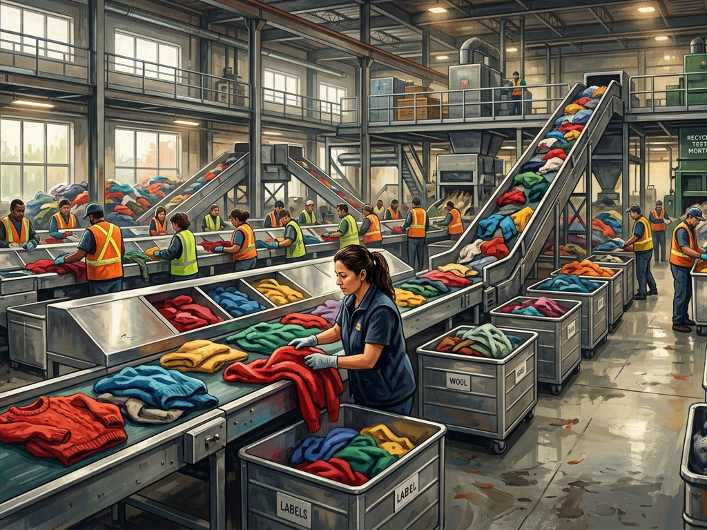 Textile sorting facility in Montreal processing garments for recycled wool in Canada.