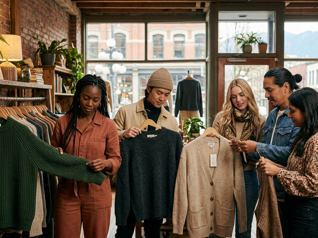 Consumers checking the Global Recycled Standard tag on a sweater in a Vancouver boutique.