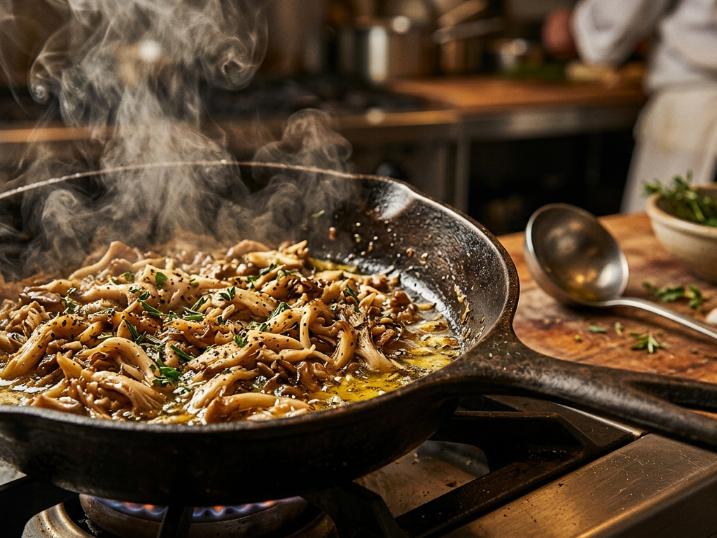 Champignons pleurotes effilochés cuisant dans une poêle pour créer des rillettes végétales.