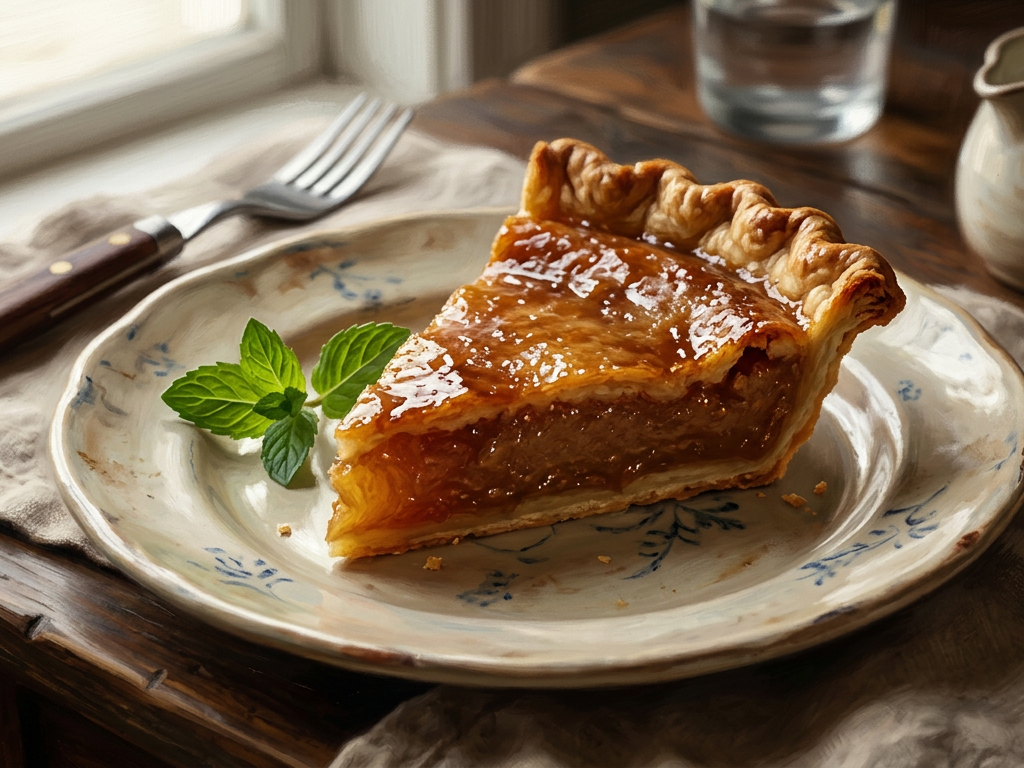 Tarte au sucre québécoise végétalienne avec une croûte dorée et un nappage au sirop d'érable.