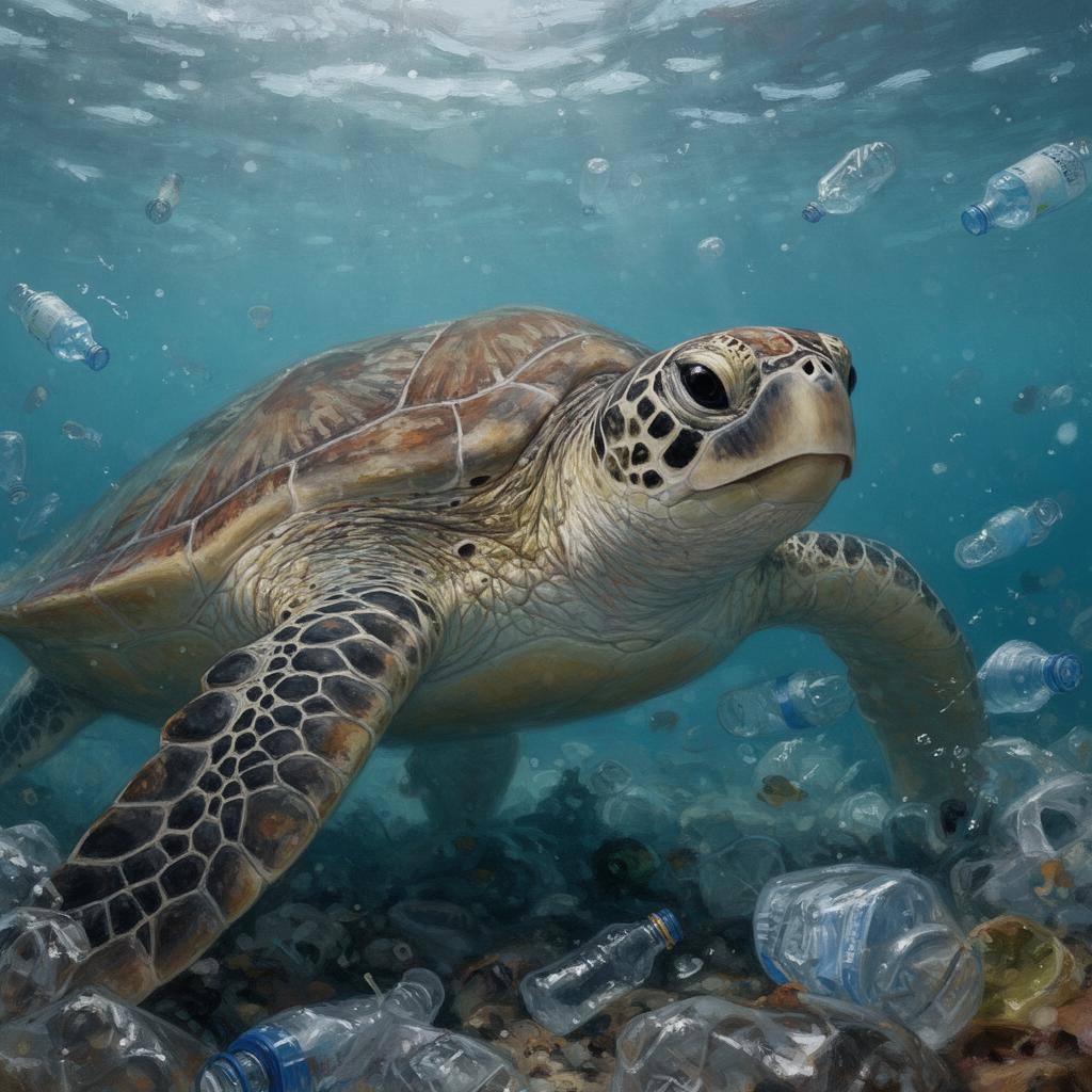 海洋プラスチック汚染と遭遇するウミガメの近接画像。