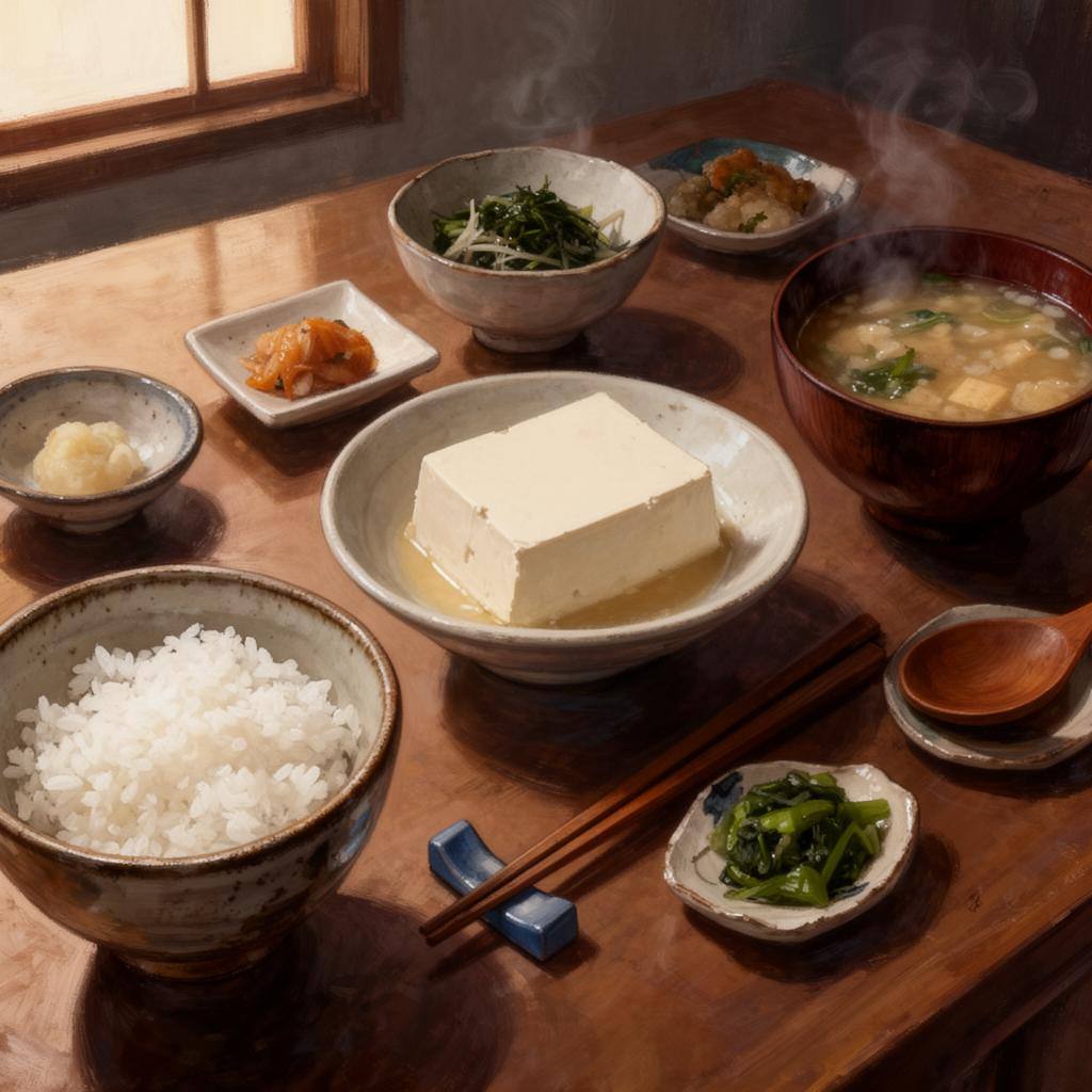 豆腐や味噌汁など、プラントベースの日本の夕食を撮影した画像。