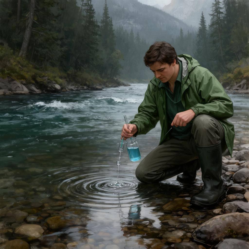 Эколог набирает пробу воды из реки для проверки на микропластик