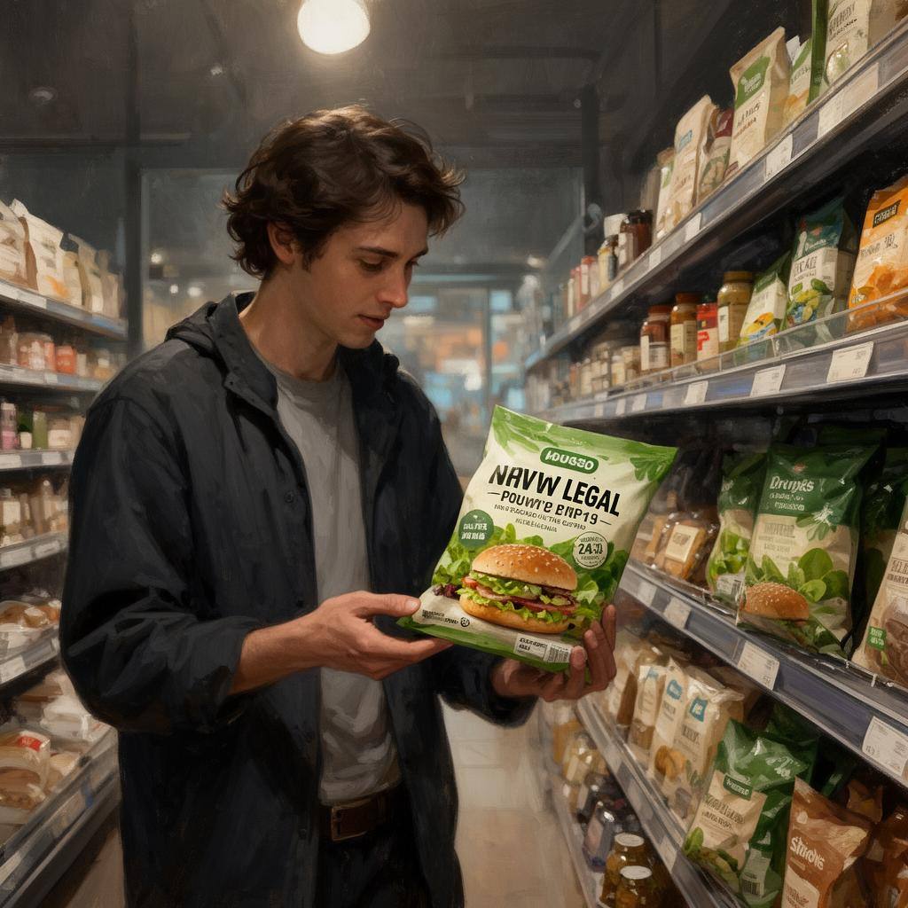 Consumer inspecting a plant-based burger packaging with a new legal label in a store.
