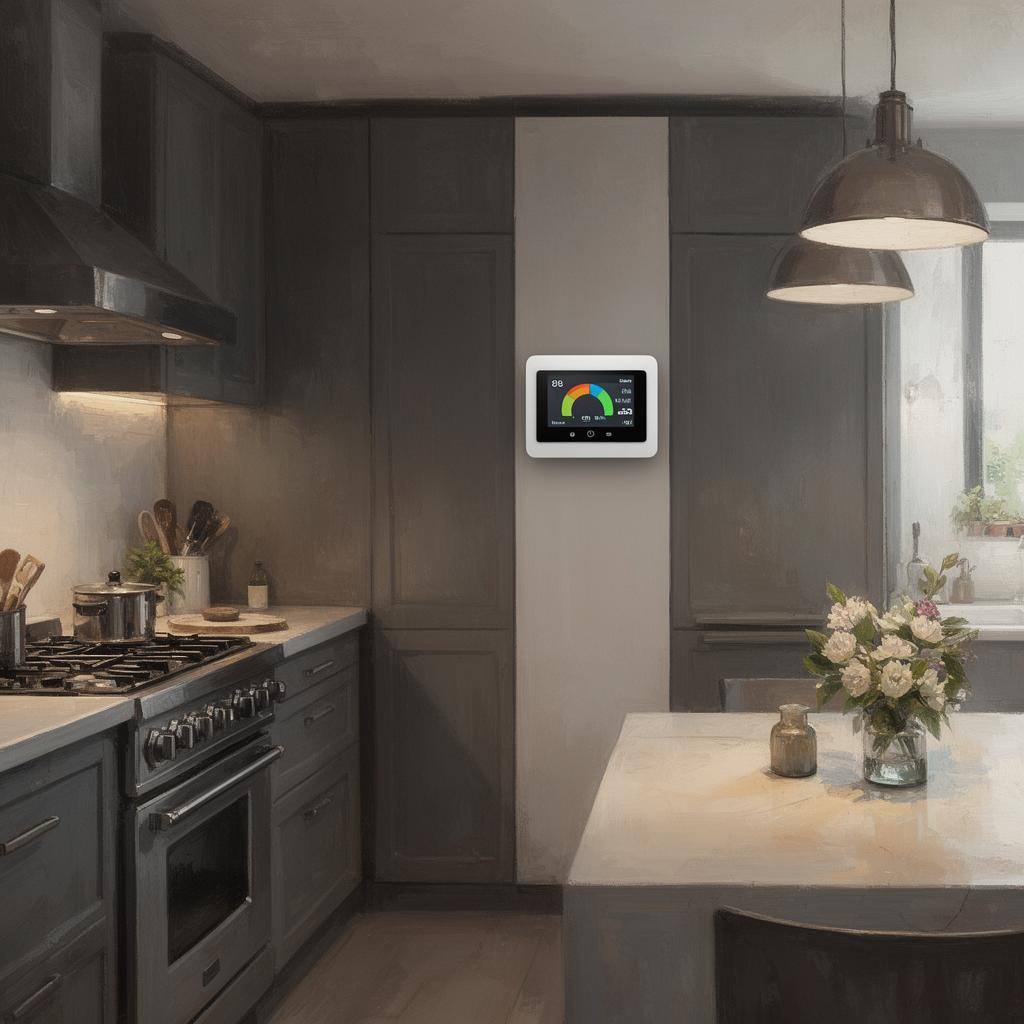 Interactive heat pump thermostat in modern kitchen showing renewable share