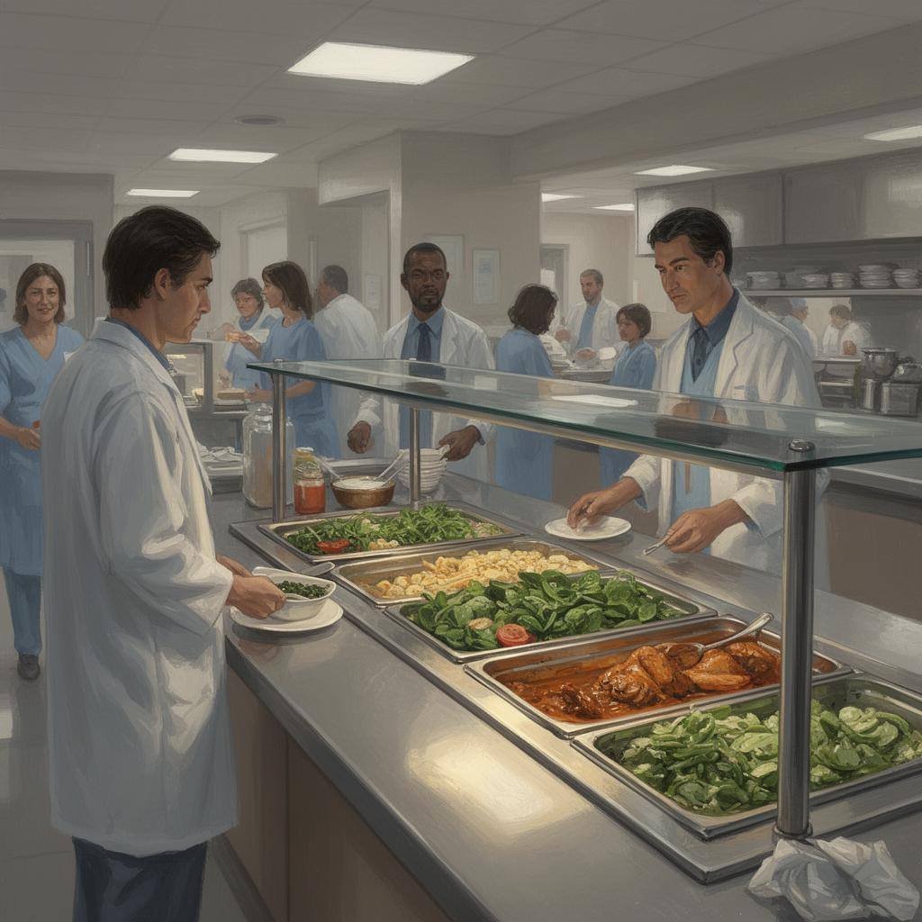 Hospital cafeteria line with plant-based hot bar options for patients