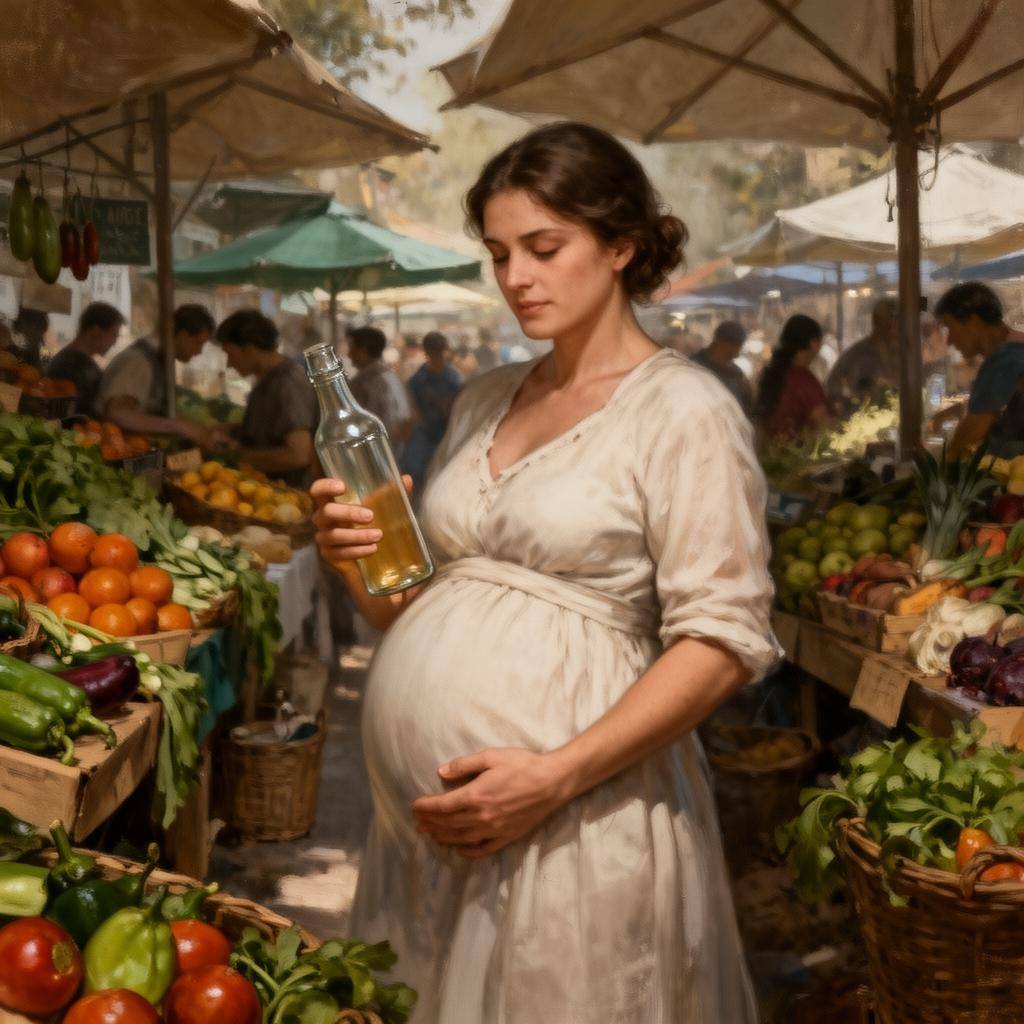 Gestante segurando garrafa de vidro e alimentos frescos em feira orgânica.