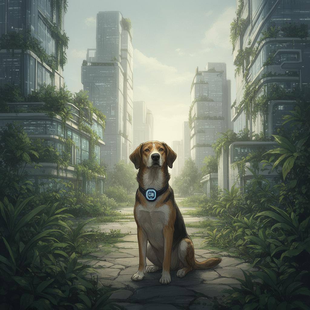 佩戴智能生物识别装置的犬只,在现代化绿色城市中享受法律溯源保护。