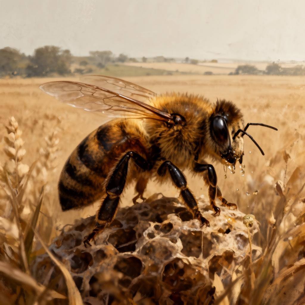 Gros plan d'une abeille affectée par les pesticides chimiques dans une zone agricole.