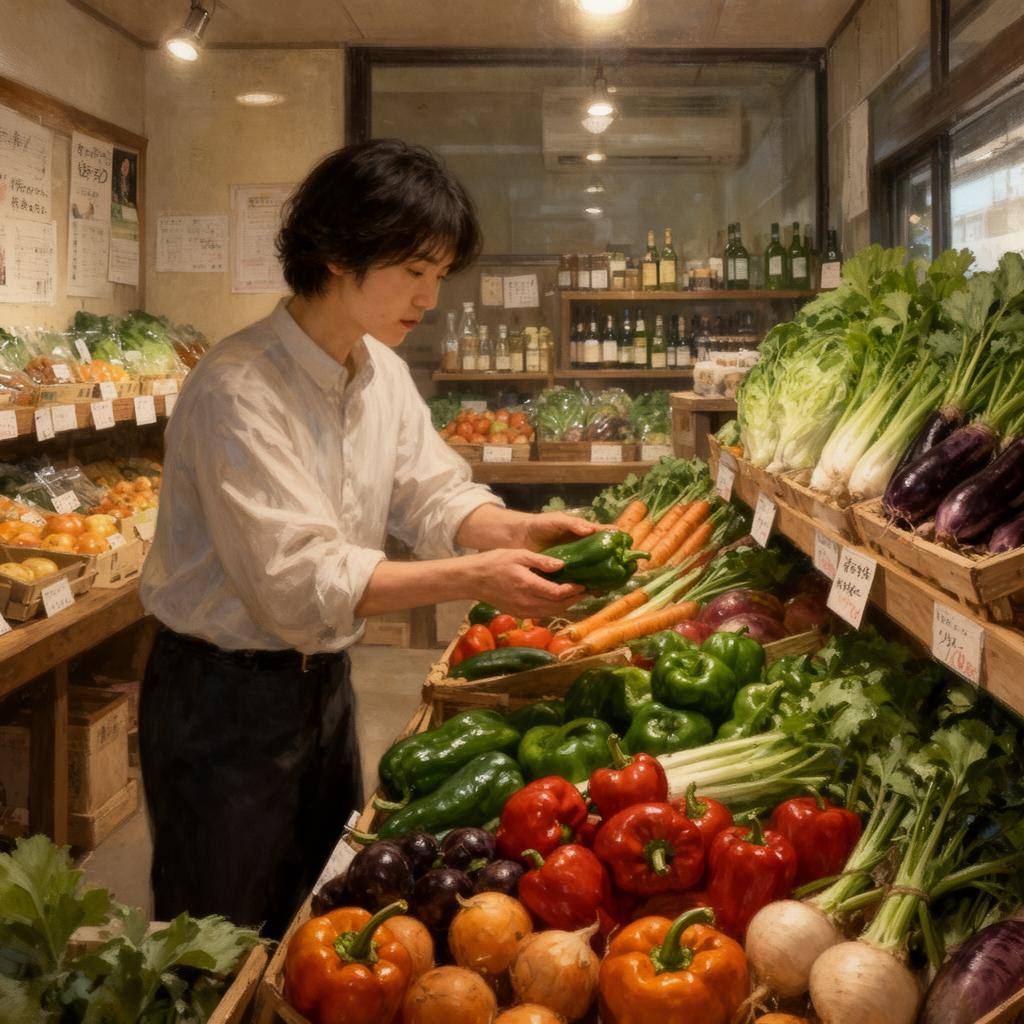 日本の地元の農産物直売所で新鮮なオーガニック野菜を手に取る様子