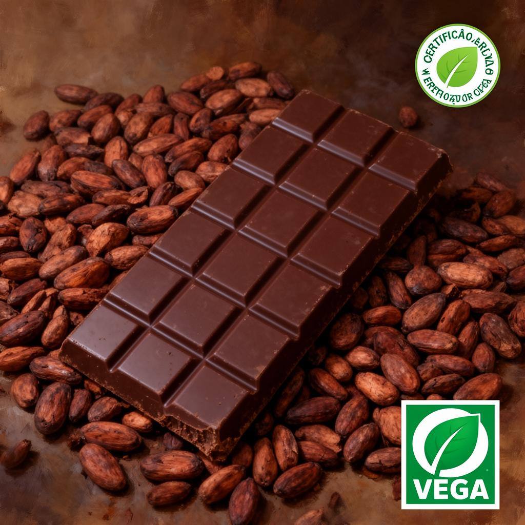 Barra de chocolate amargo ao lado de grãos de cacau crus e selo de certificação vegana.