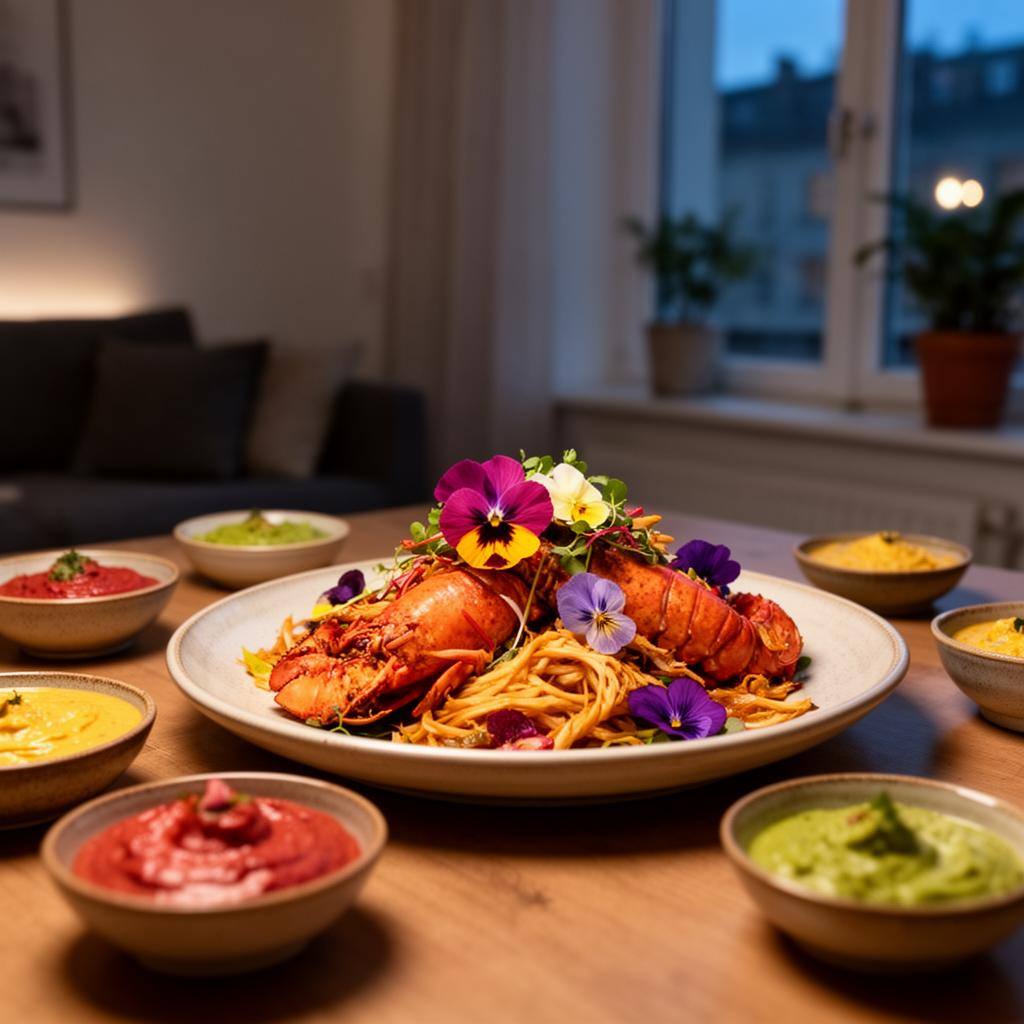 Veganer Festtagstisch mit Jackfruit-Hummer und bunten Dips in einer Berliner Wohnung