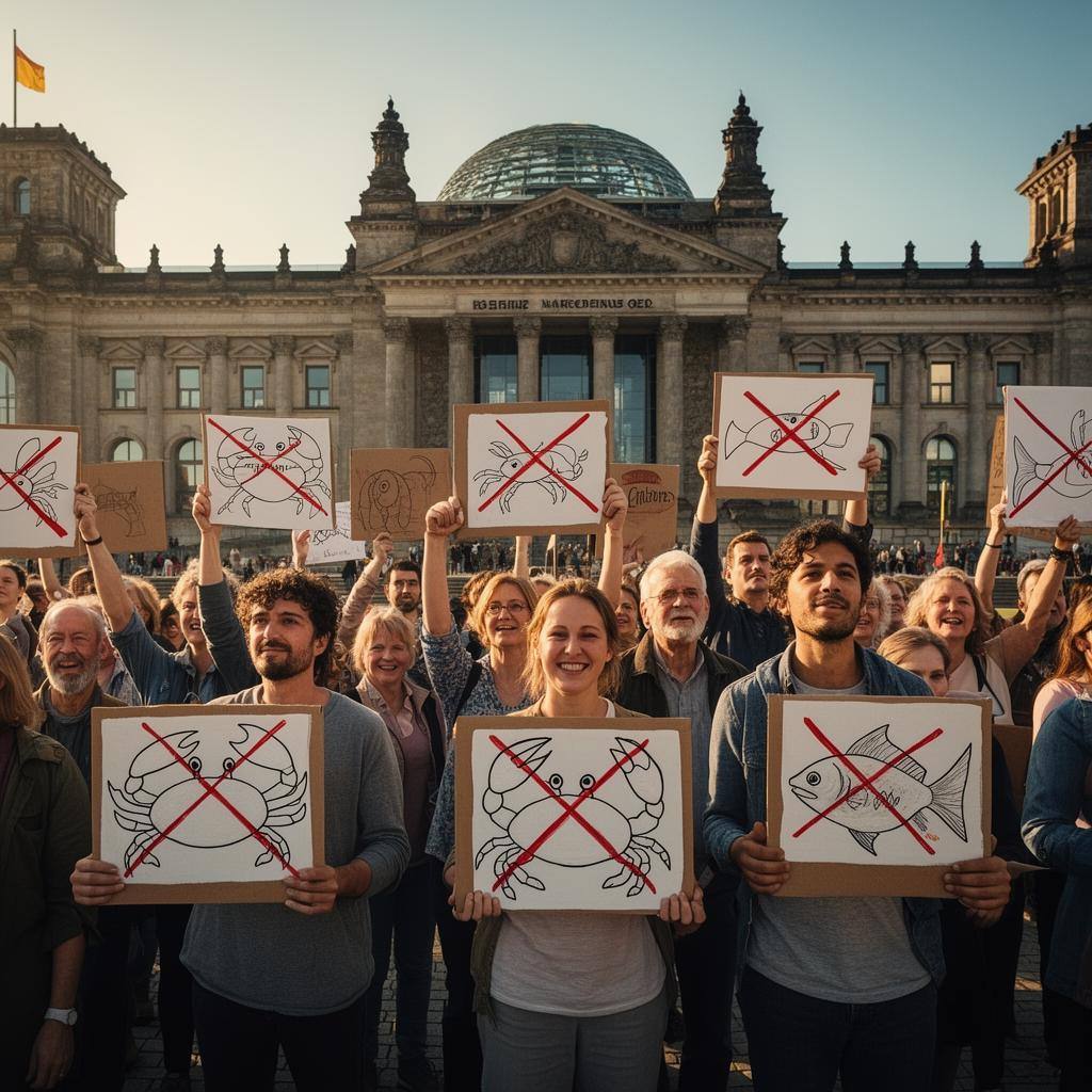 Menschen protestieren friedlich vor dem Reichstag für mehr Tierschutz bei Meerestieren