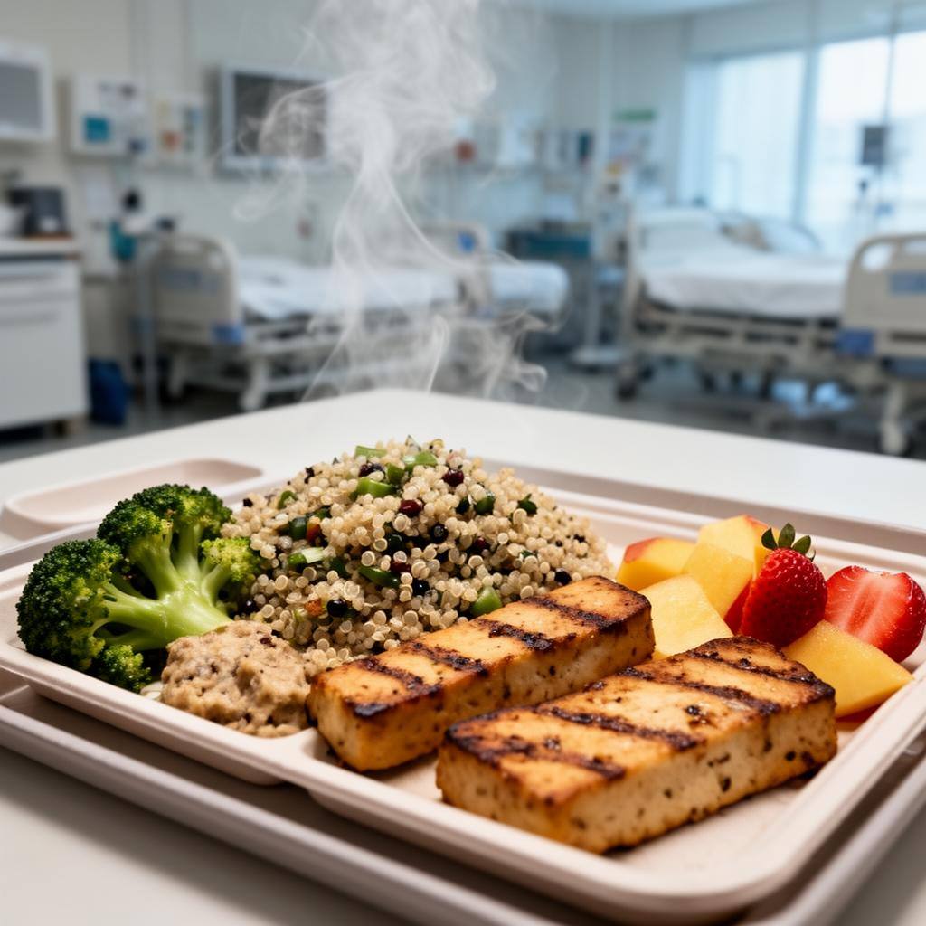 病院のトレーに盛り付けられた植物性デフォルト食：焼き豆腐、キヌアサラダ、蒸しブロッコリー、フルーツ。