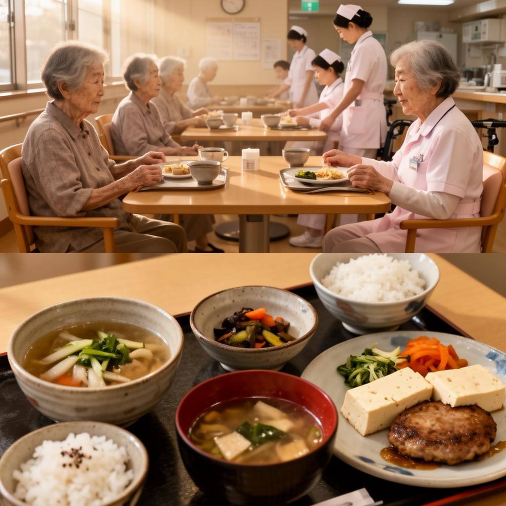 日本の病院食堂で提供される植物性メニュー：味噌汁、漬物、豆腐ステーキ、ご飯を楽しむ患者たち。