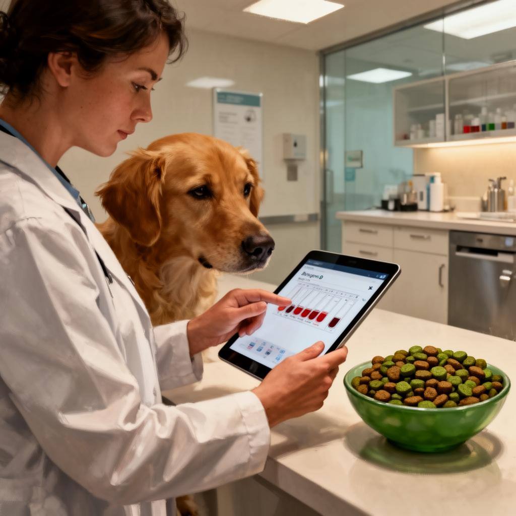 獣医師がビーガンドッグフードの栄養検査結果を確認している様子