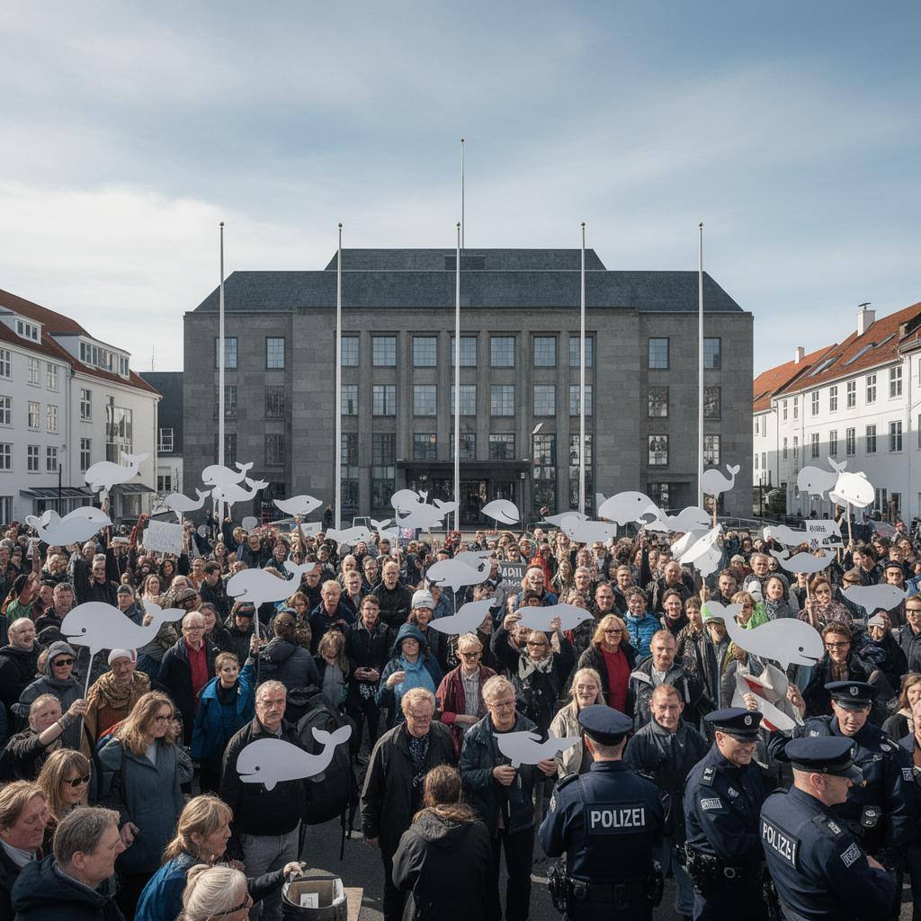 Protesters rally outside Faroese parliament against the grind whale hunt quota, holding signs