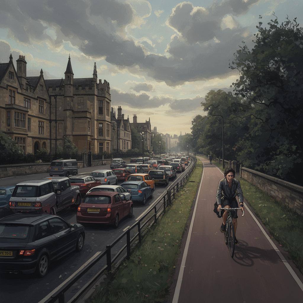 Congested Oxford boundary road with cyclist on adjacent lane