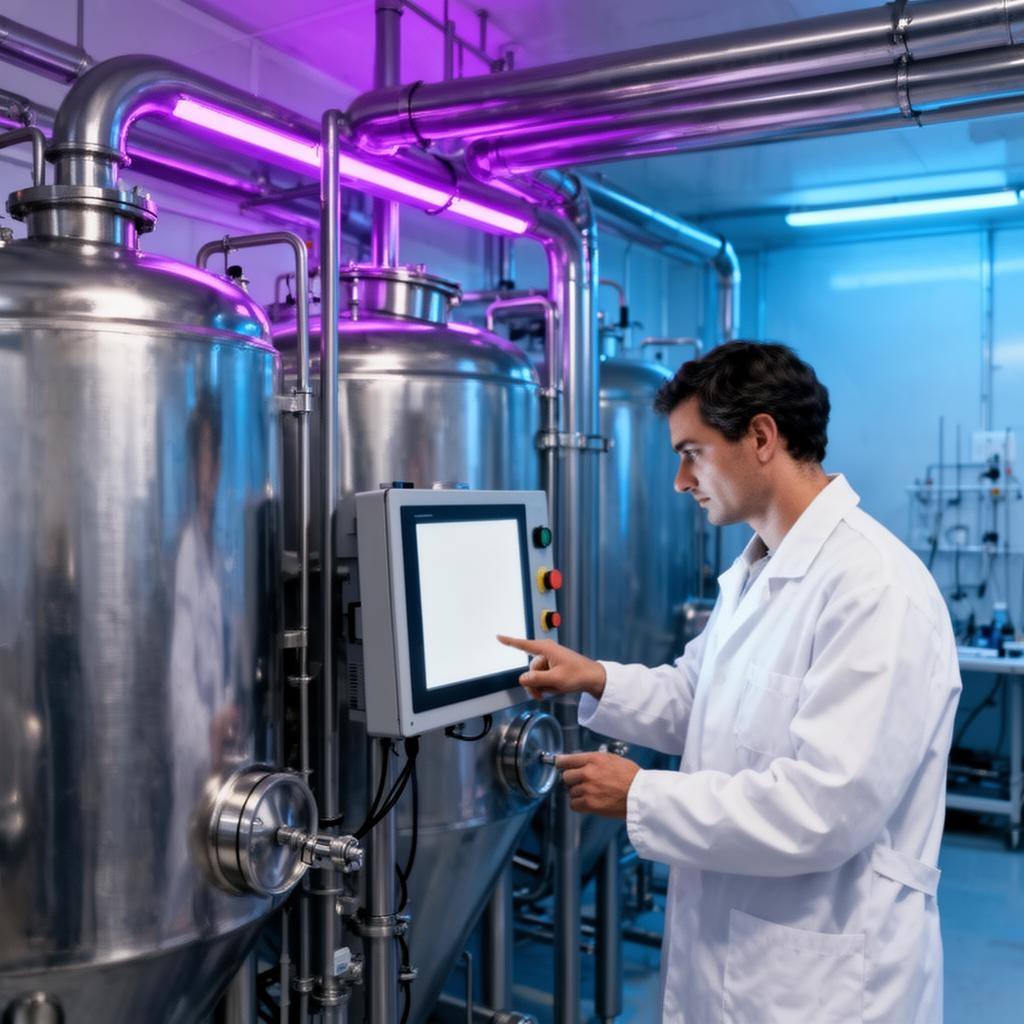 Tanques de fermentação do Air Protein em 2026 com equipamentos modernos e luz arroxeada