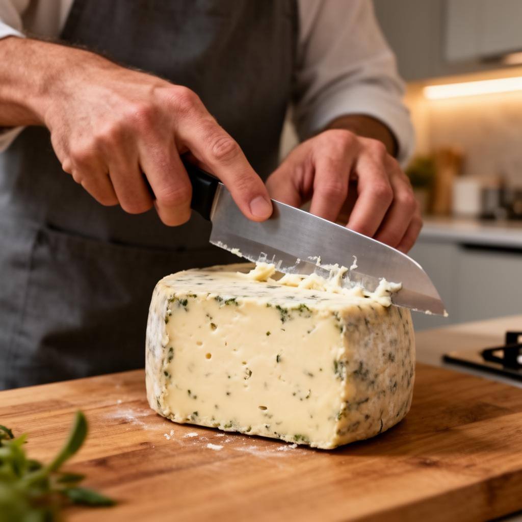 Coupe d'un fromage végan aux noix révélant une texture crémeuse, utile pour comparer les alternatives végéennes au fromage en France