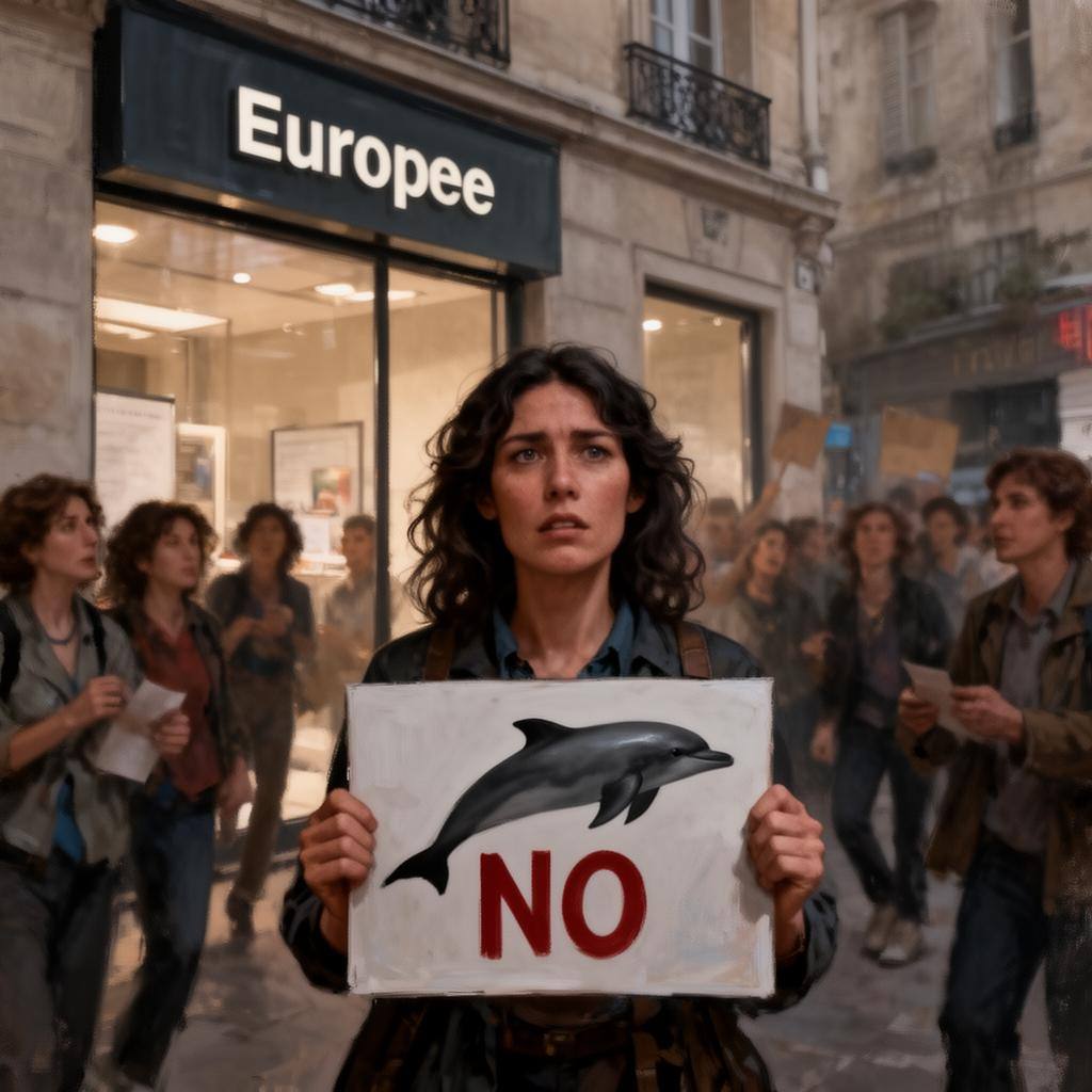 ناشط يحمل لافتة احتجاجية بشعار دلفين في أوروبا، خلفية ضبابية للمتظاهرين