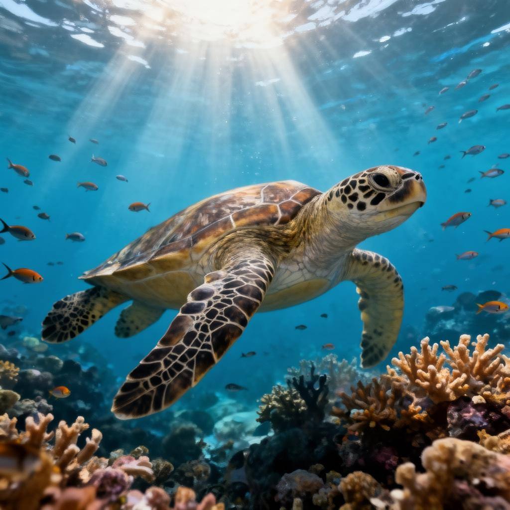 Tortuga marina sobre arrecife de coral en aguas cristalinas, destacando la biodiversidad marina que protege el Tratado BBNJ.