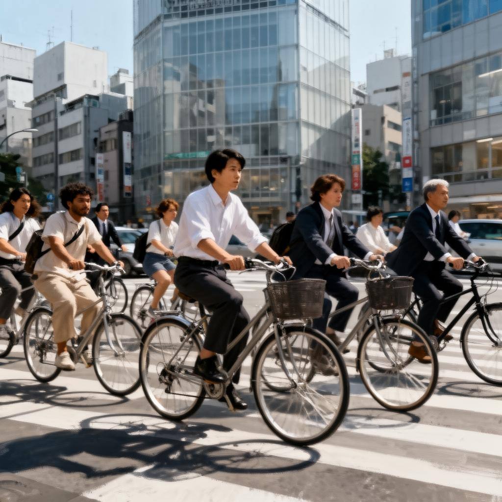 東京の交差点を渡る自転車通勤者の群れ
