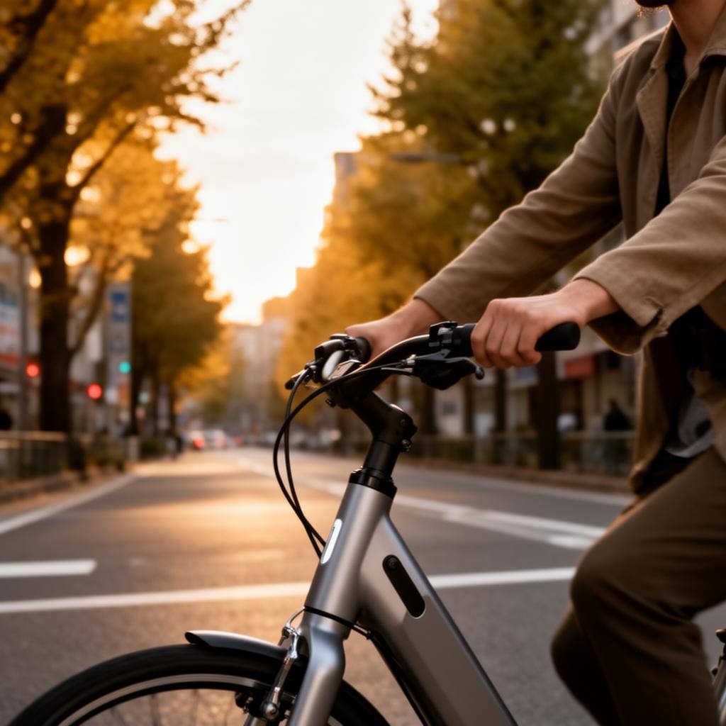 電動アシスト自転車のハンドルを握る手元のクローズアップ