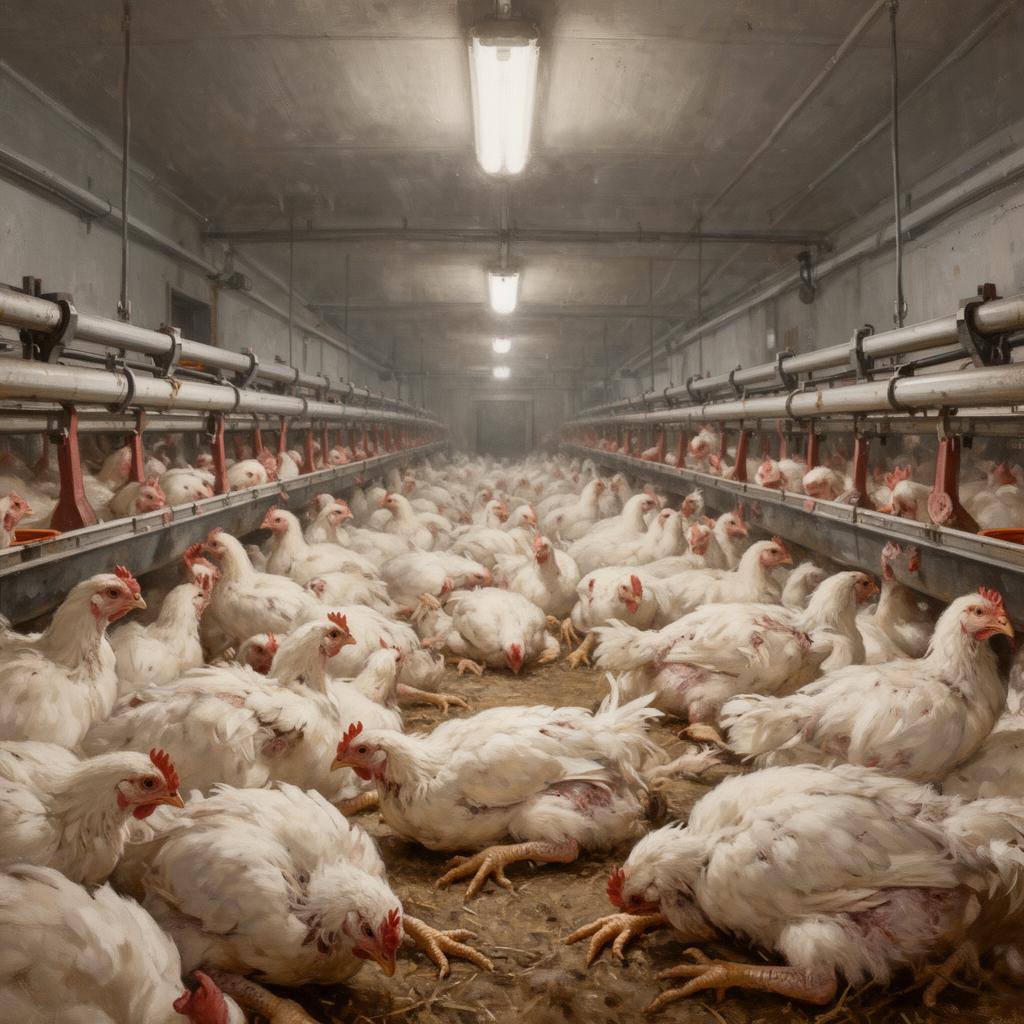 Überfüllter Stall mit Schnellwuchs-Hähnchen und lahmen Tieren – Frankenchicken-Problem