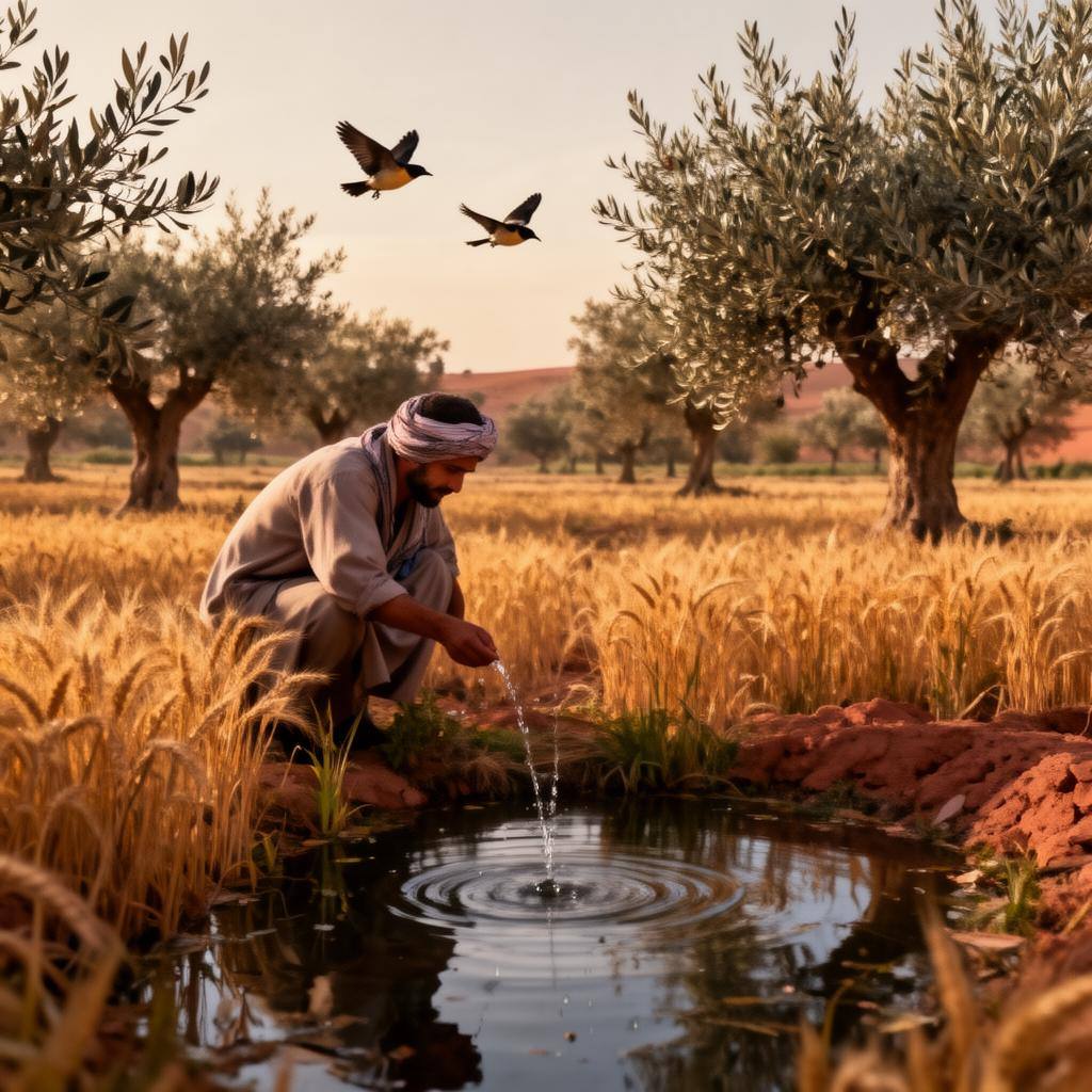 مزارع مغربي يفحص نظام الزراعة المختلطة مع بركة مياه الأمطار والحبوب والزيتون.