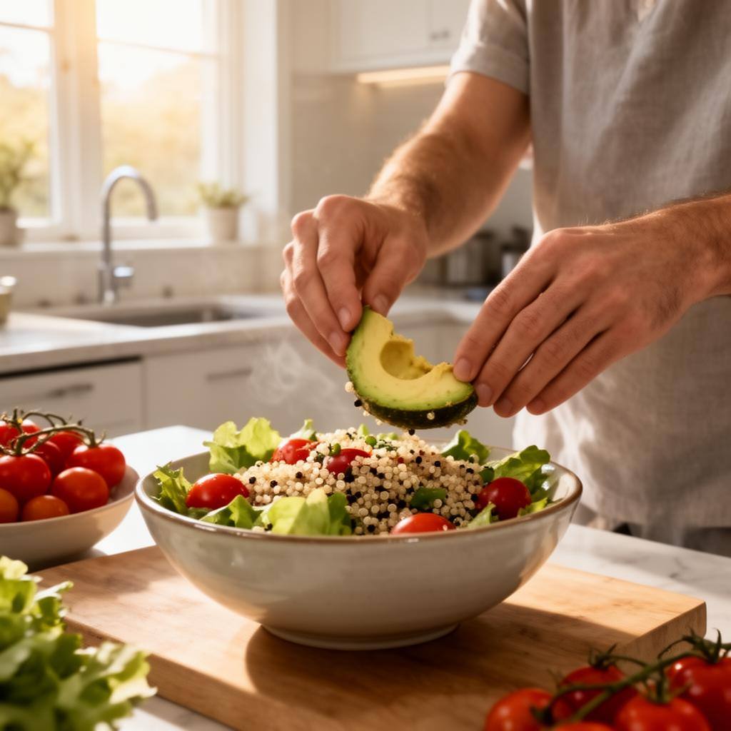 Mesa de exames e suplementos pré-natais veganos com refeição balanceada de quinoa e lentilhas.