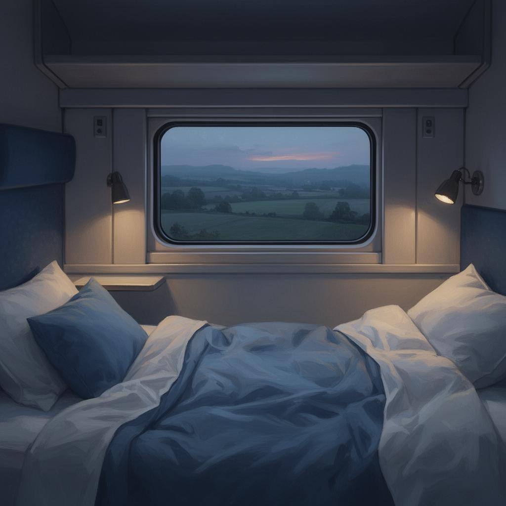 Уютное купе ночного поезда European Sleeper с синими подушками и видом на поля