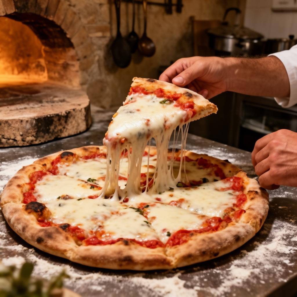 Pizza de mozzarella vegana de fermentación de precisión con queso fundido