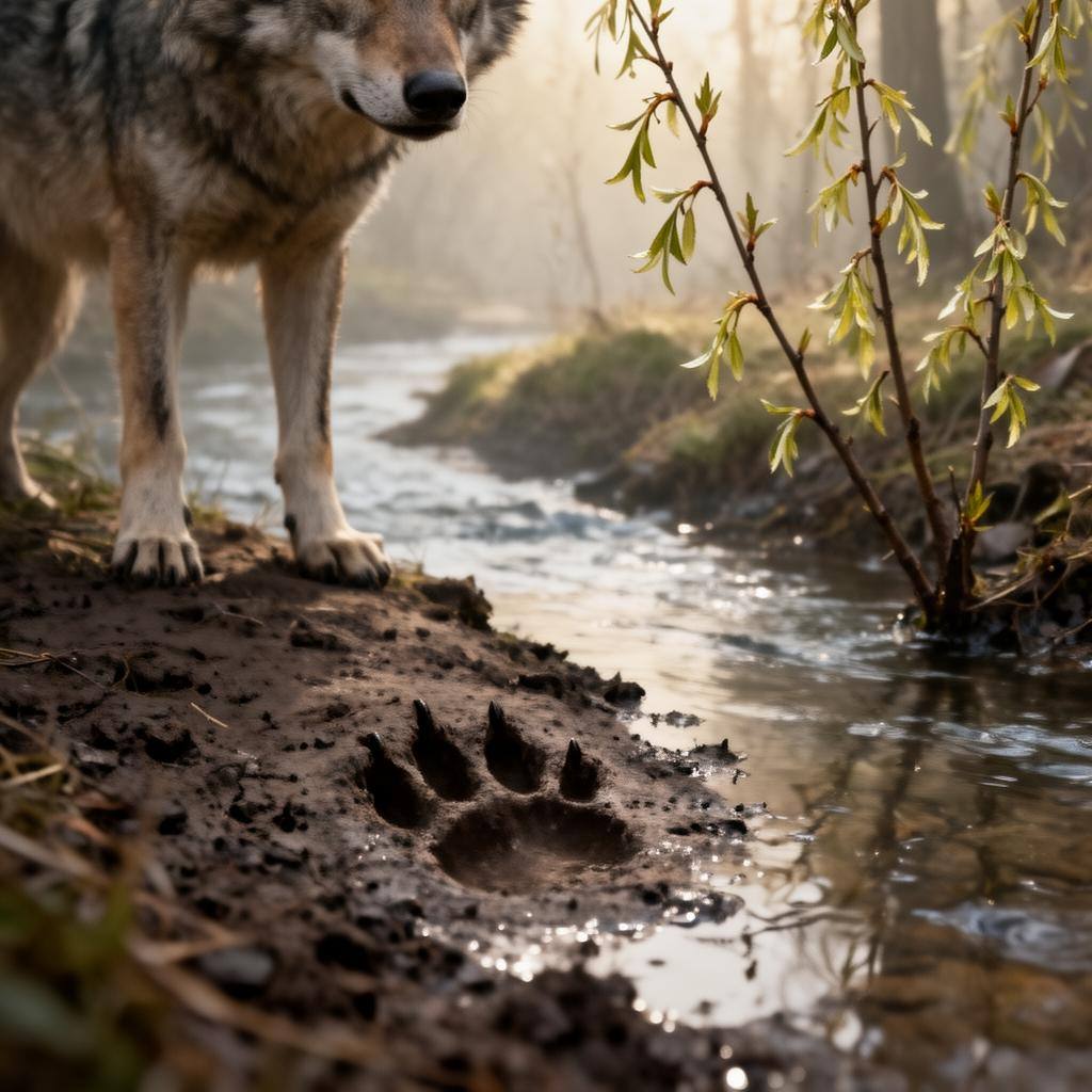 Empreinte de loup dans la boue près d'un ruisseau avec jeunes pousses de saule en arrière-plan