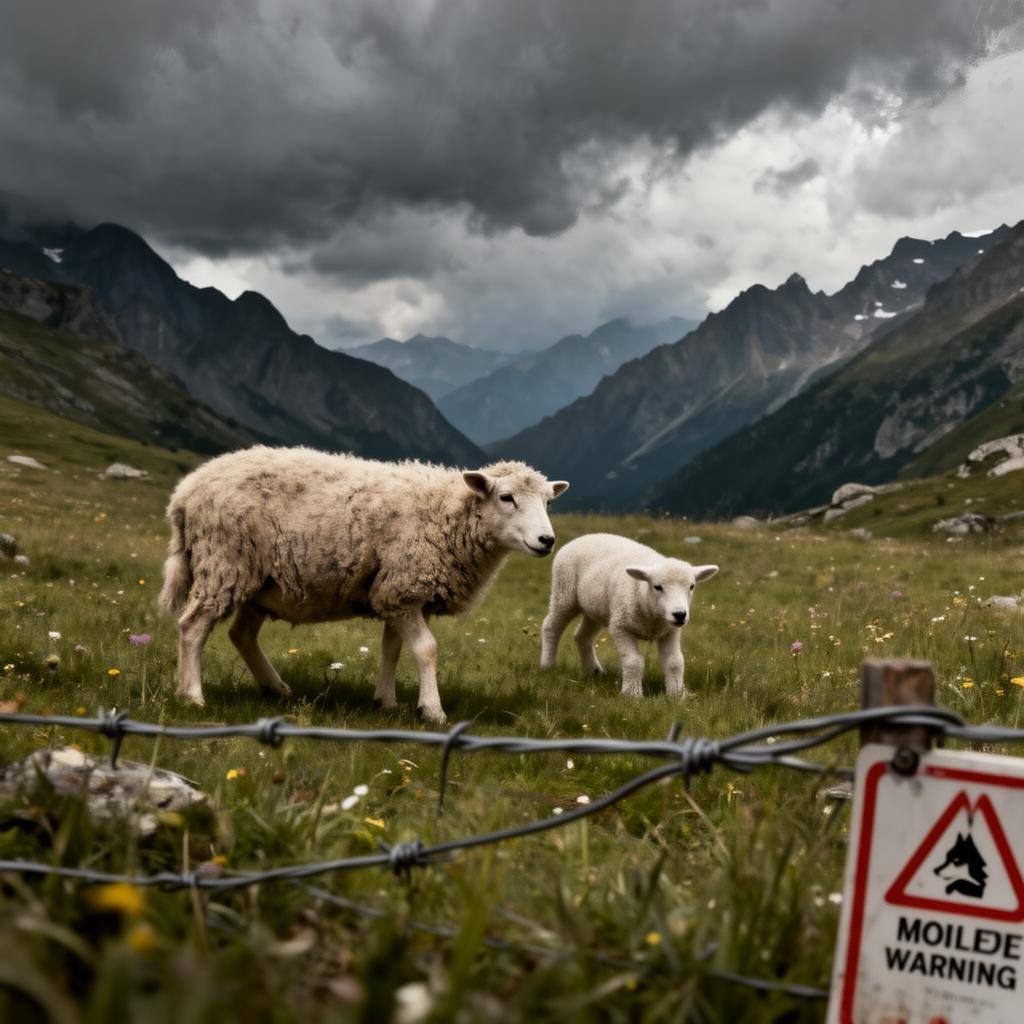 Brebis et agneau dans un alpage du Queyras avec clôture électrique et panneau d'avertissement loup