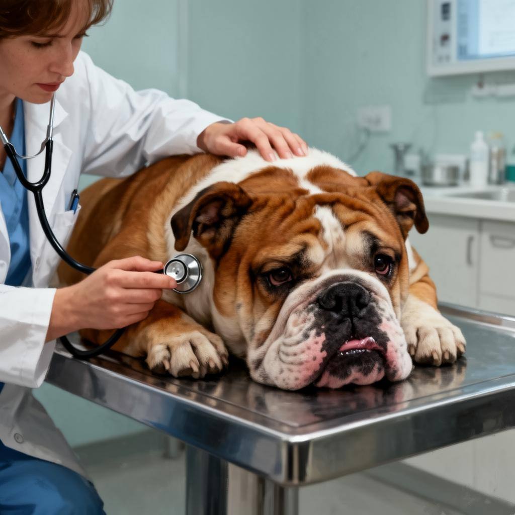 兽医检查英国斗牛犬的呼吸状况,展现短头综合征的健康挑战