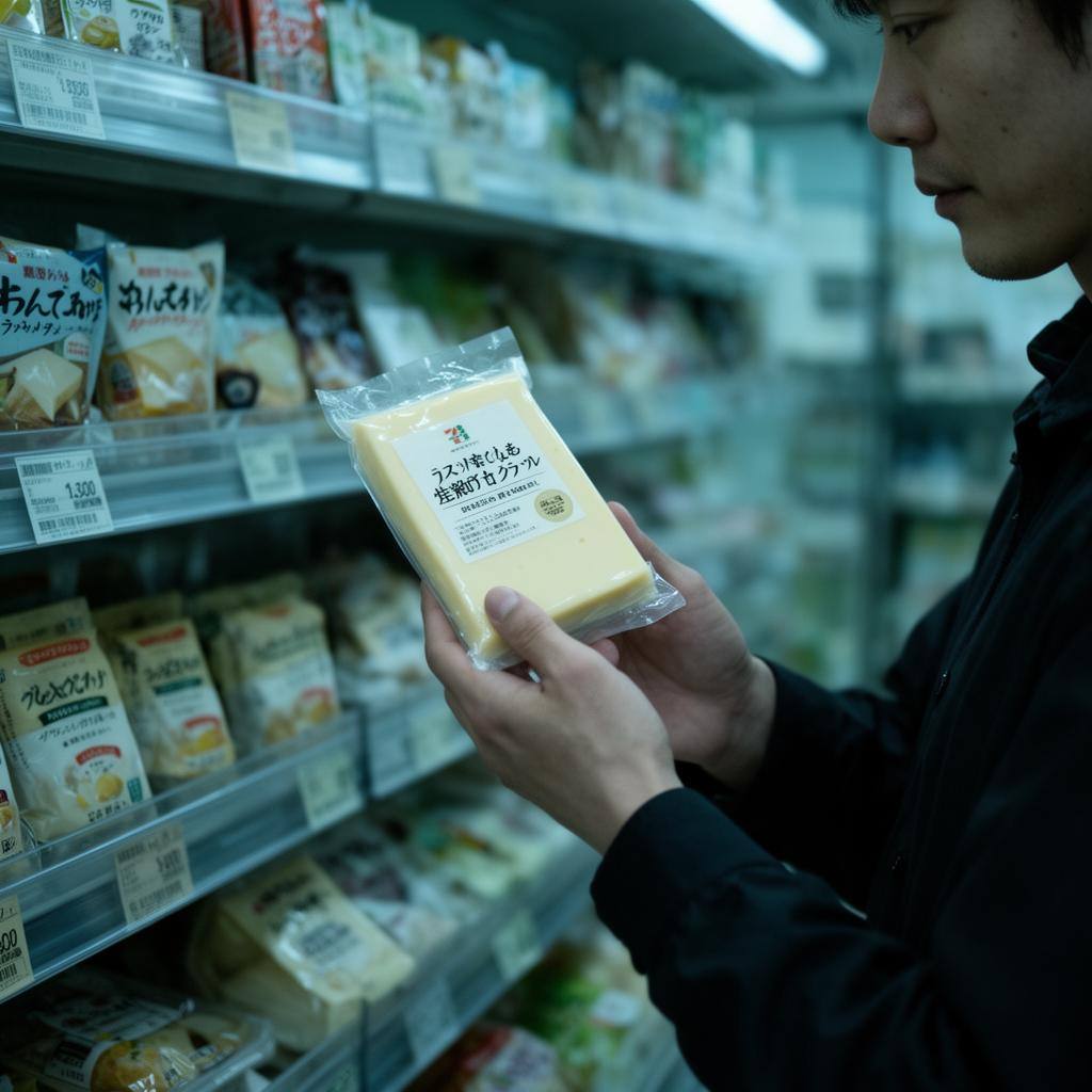 精密発酵チーズを手に取る消費者、日本のスーパーの棚