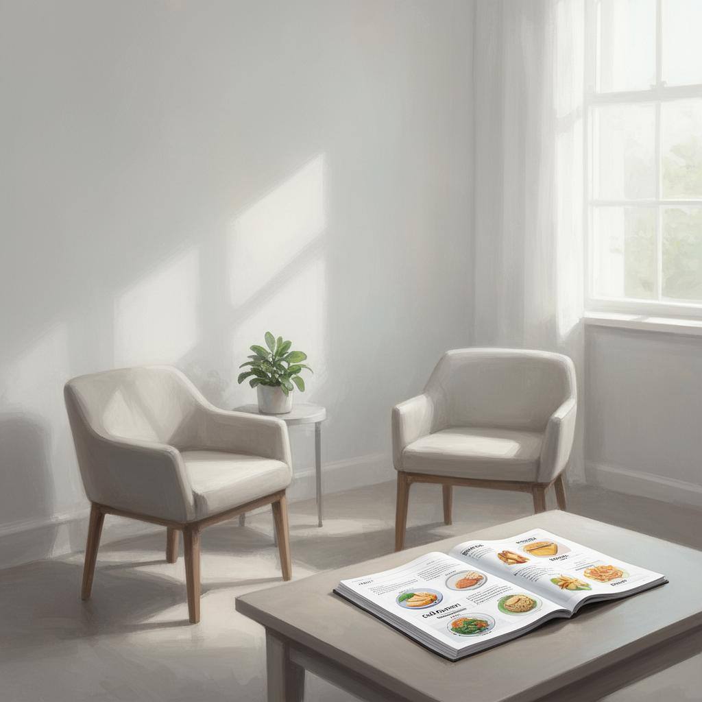 A therapy room with food diary and plant – vegan eating disorder screening in session.
