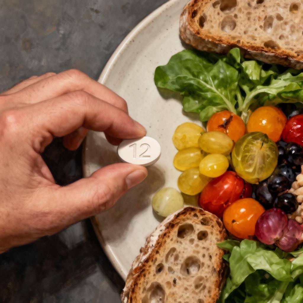 A plate of vegan foods with a B12 supplement – supporting plant-based recovery nutrition.