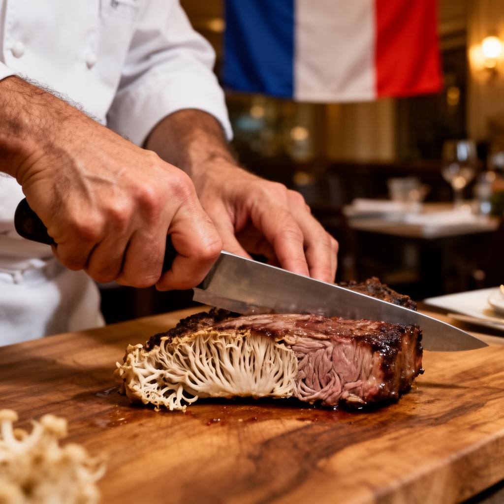 Texture fibreuse d'un whole-cut de mycelium découpé par un chef dans un restaurant français.