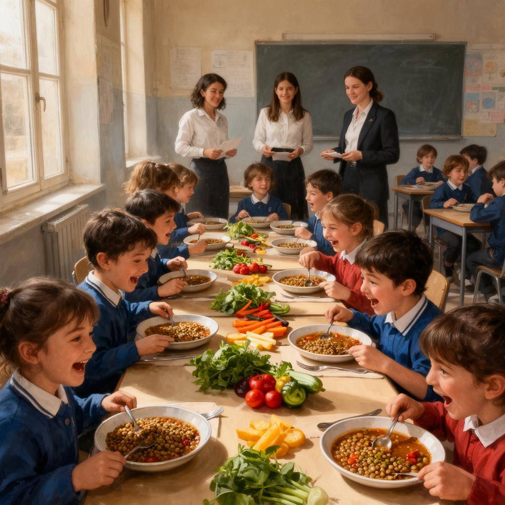 Cantine scolaire française servant un repas végétarien pour le lundi sans viande.