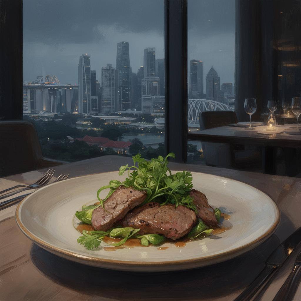 Plato gourmet con carne cultivada en restaurante de Singapur, decorado con hierbas