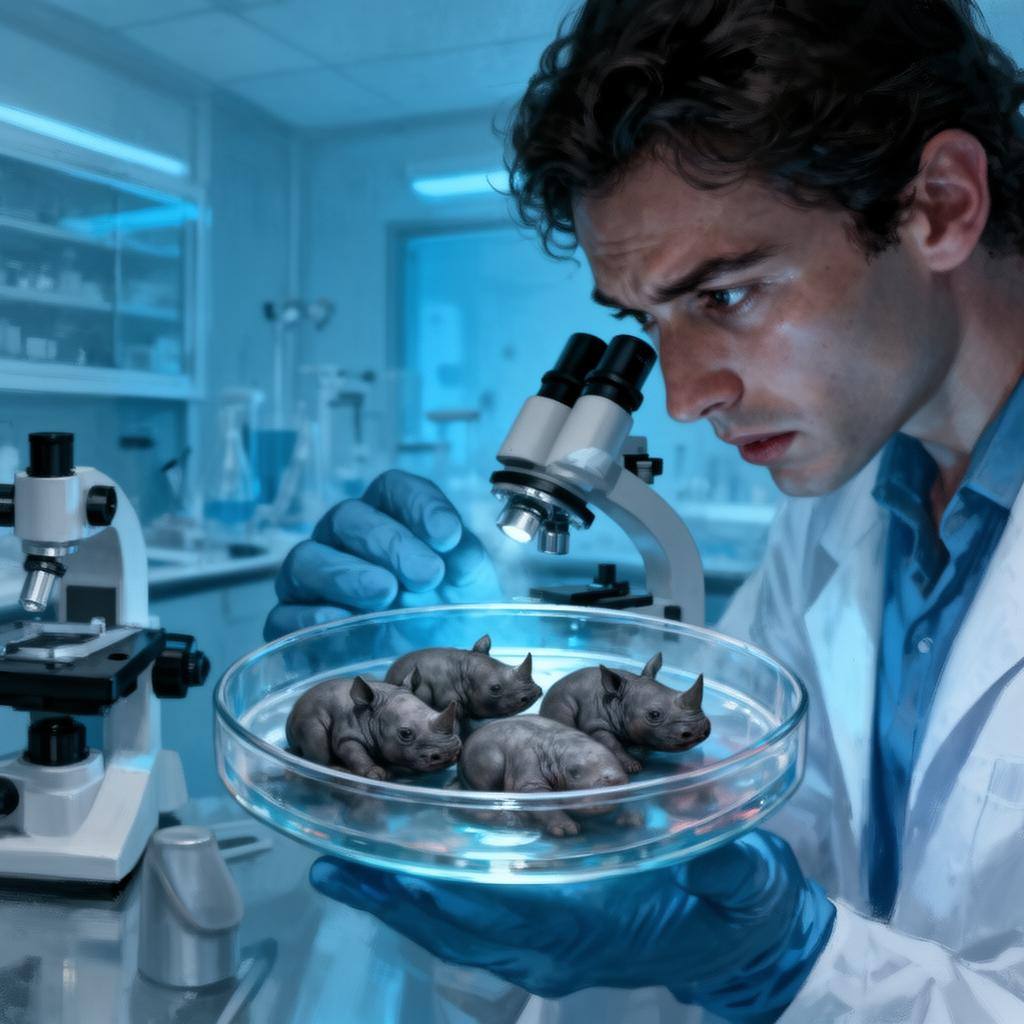 Cientista analisando embriões de rinoceronte-branco-do-norte em laboratório do BioRescue.
