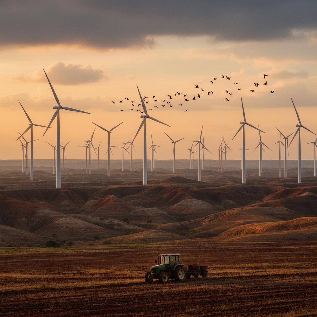 Parque eólico no sertão baiano ao entardecer, gerando energia renovável no Brasil