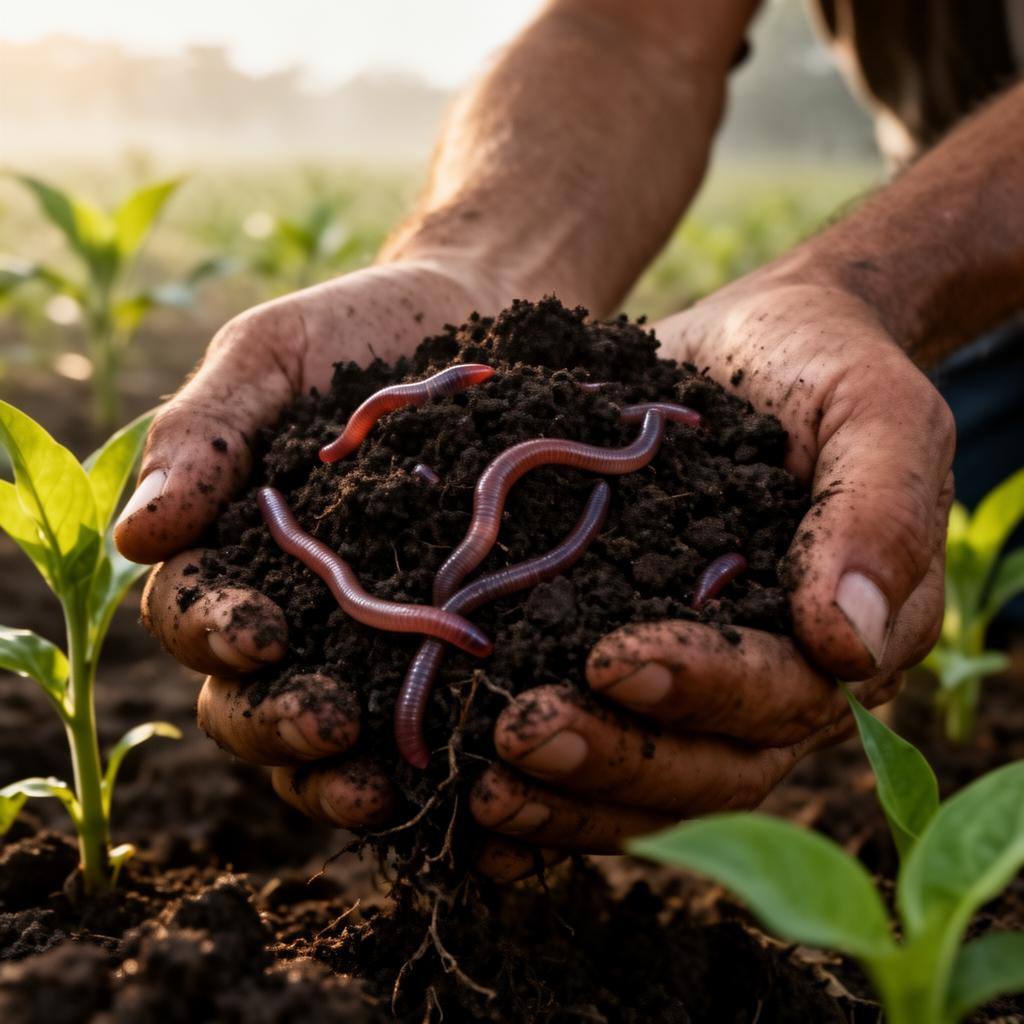 Solo saudável com minhocas em prática de agricultura regenerativa