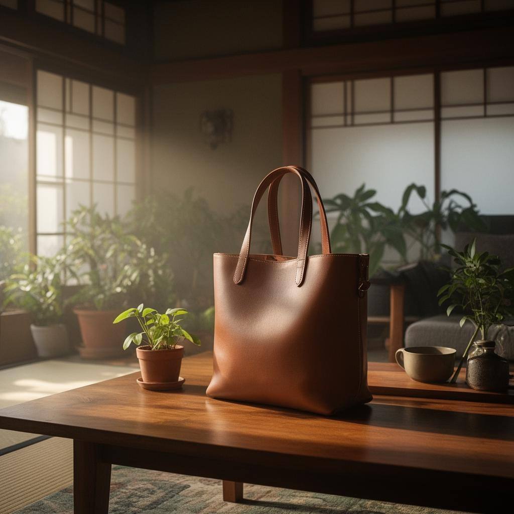 リビングのテーブルに置かれたマッシュルームレザーのトートバッグ。