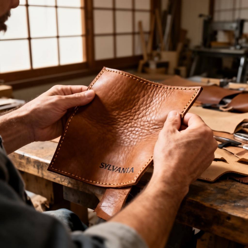 職人の手がマッシュルームレザーの質感を確かめている様子。