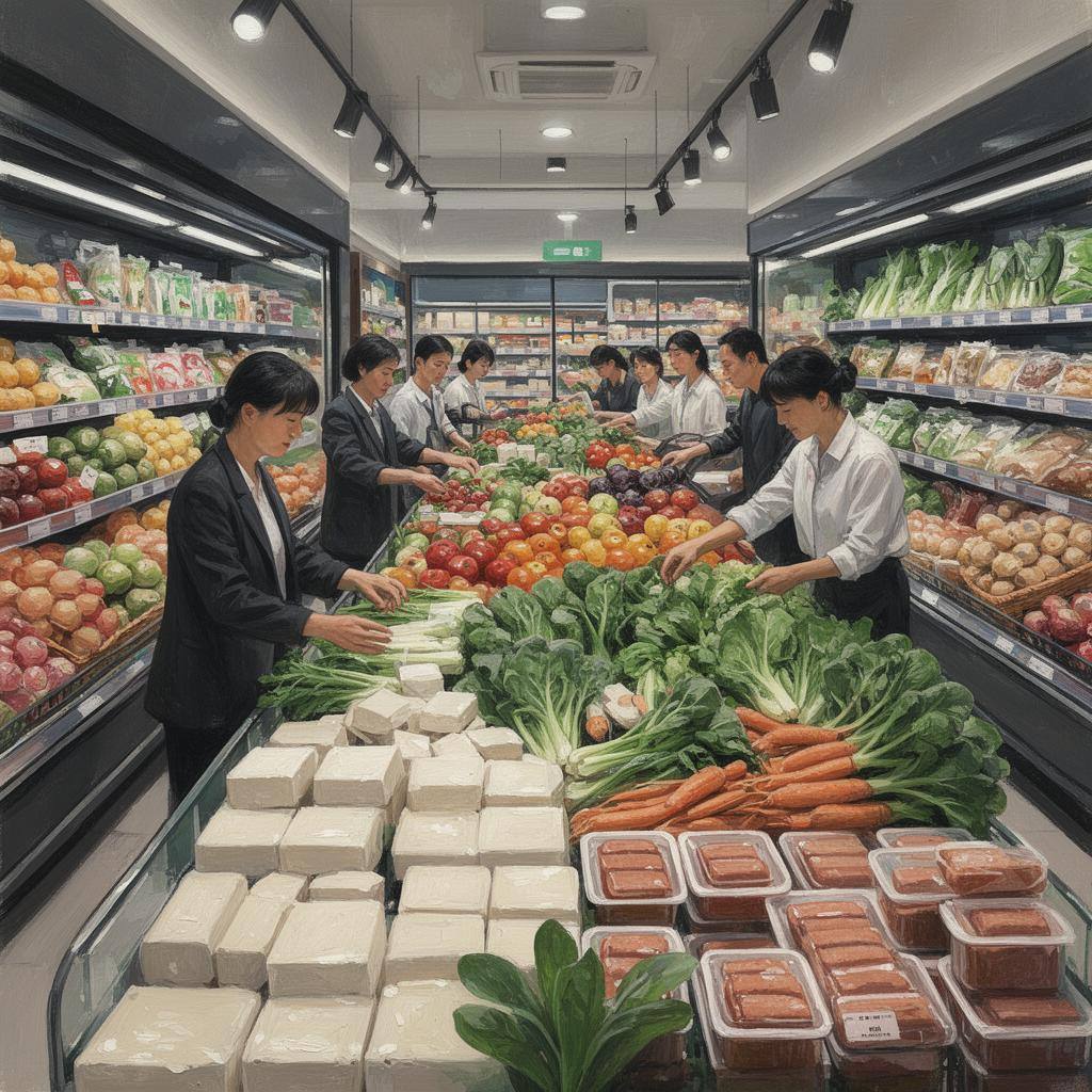 超市蔬菜区新鲜蔬果和植物蛋白产品丰富多样