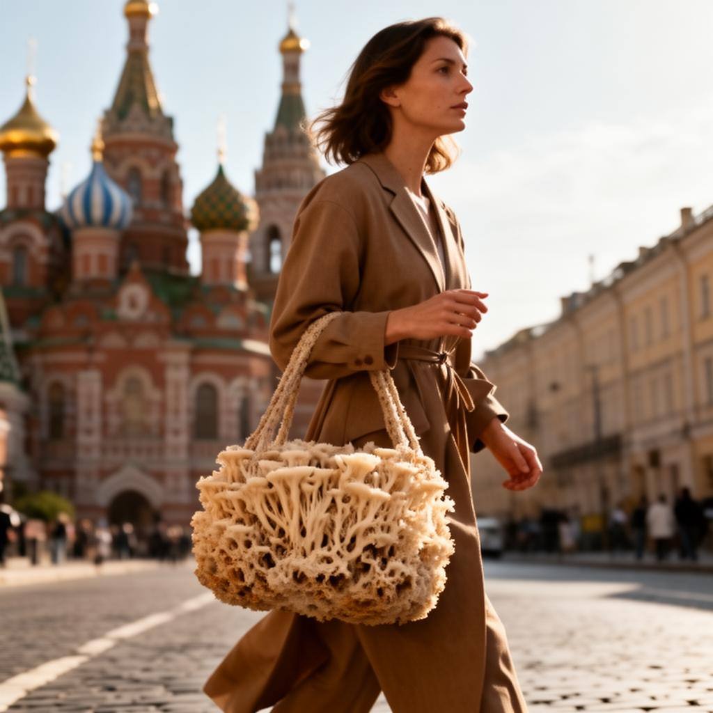 Модница с сумкой из мицелия на улицах Москвы